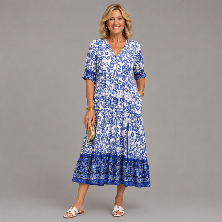 Sien | Bloemen Midi-jurk met V-hals