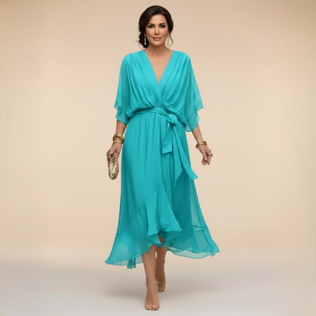 Cornelia | Gedrapeerde Chiffon Midi-jurk