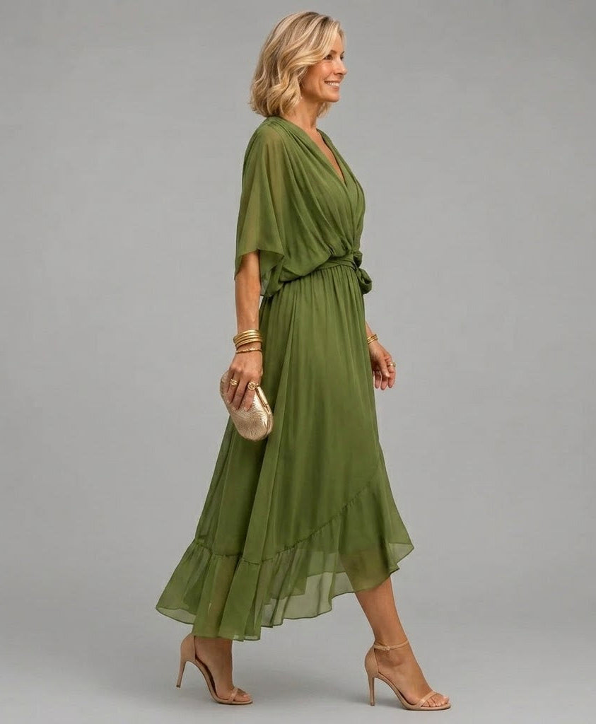 Cornelia | Gedrapeerde Chiffon Midi-jurk