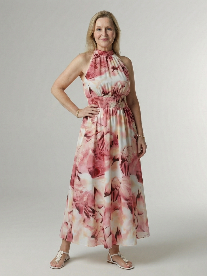 Cato | Halter Midi-jurk met Smocktaille