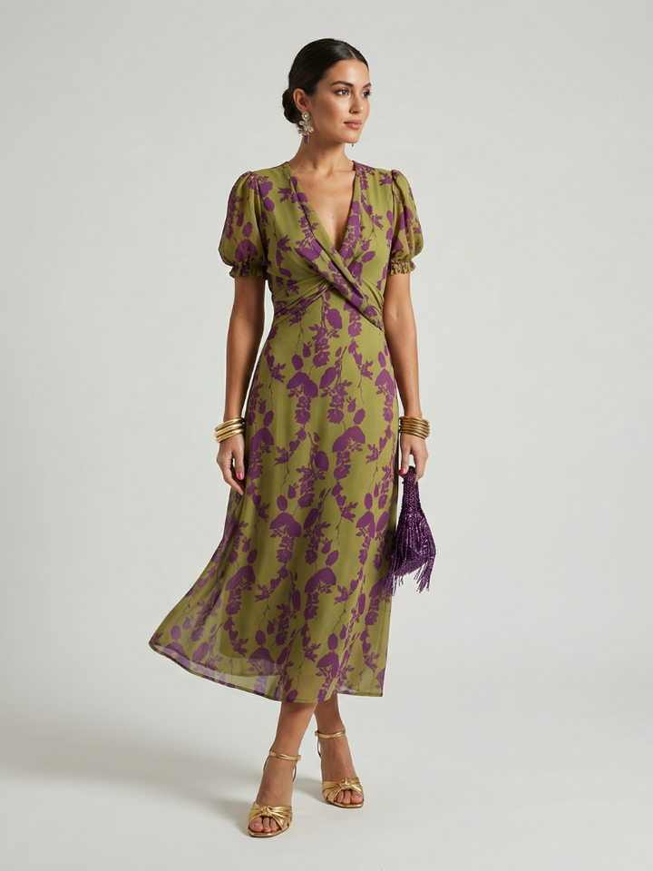 Johanna | Bloemen Midi-jurk met Wikkeleffect
