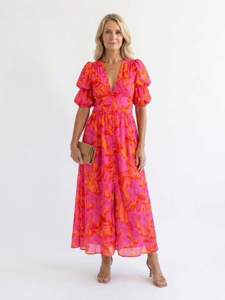Fardau | Bloemen Midi-jurk met Pofmouwen