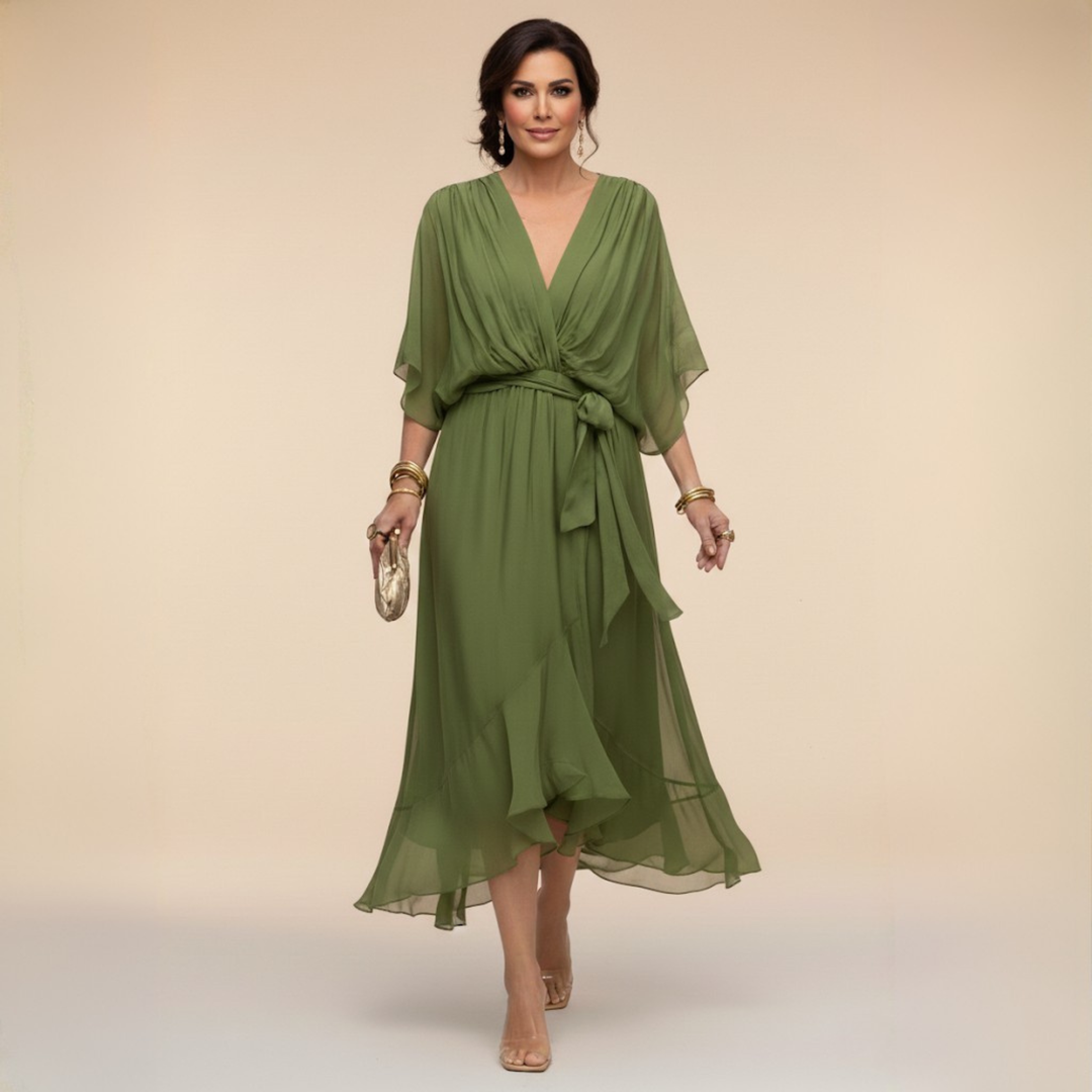 Cornelia | Gedrapeerde Chiffon Midi-jurk