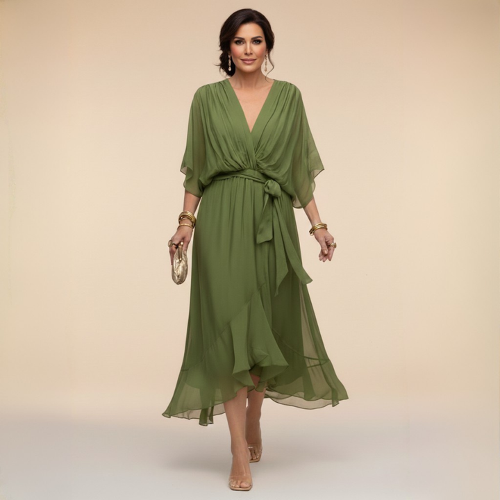 Cornelia | Gedrapeerde Chiffon Midi-jurk