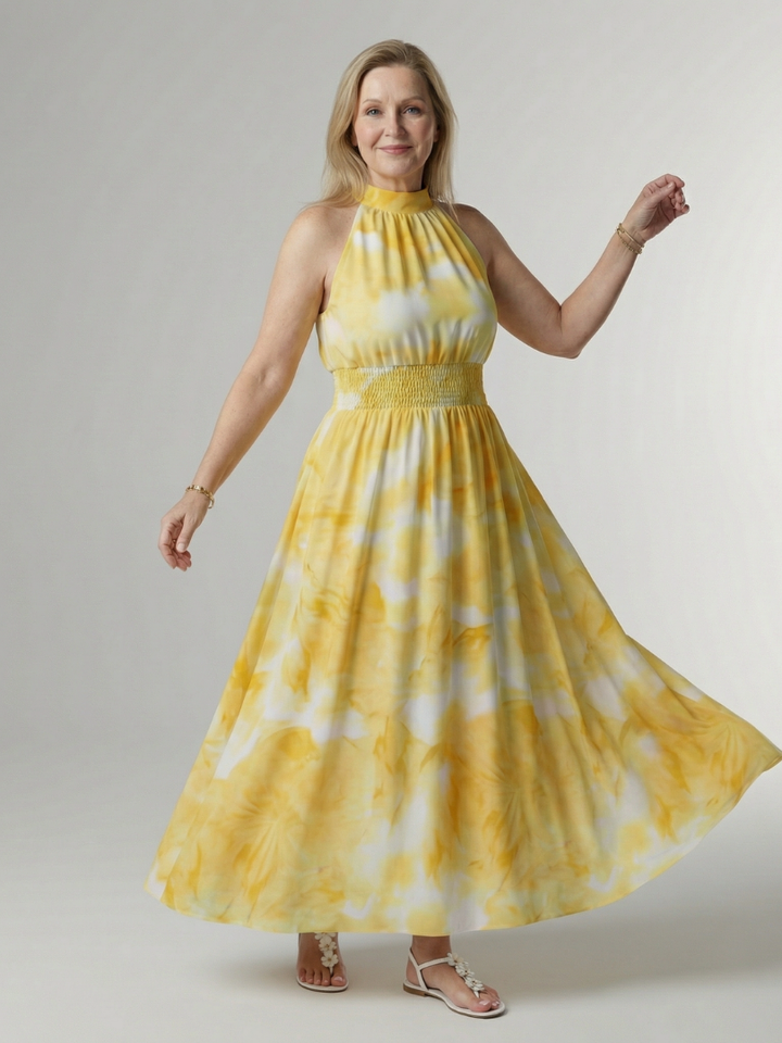 Cato | Halter Midi-jurk met Smocktaille