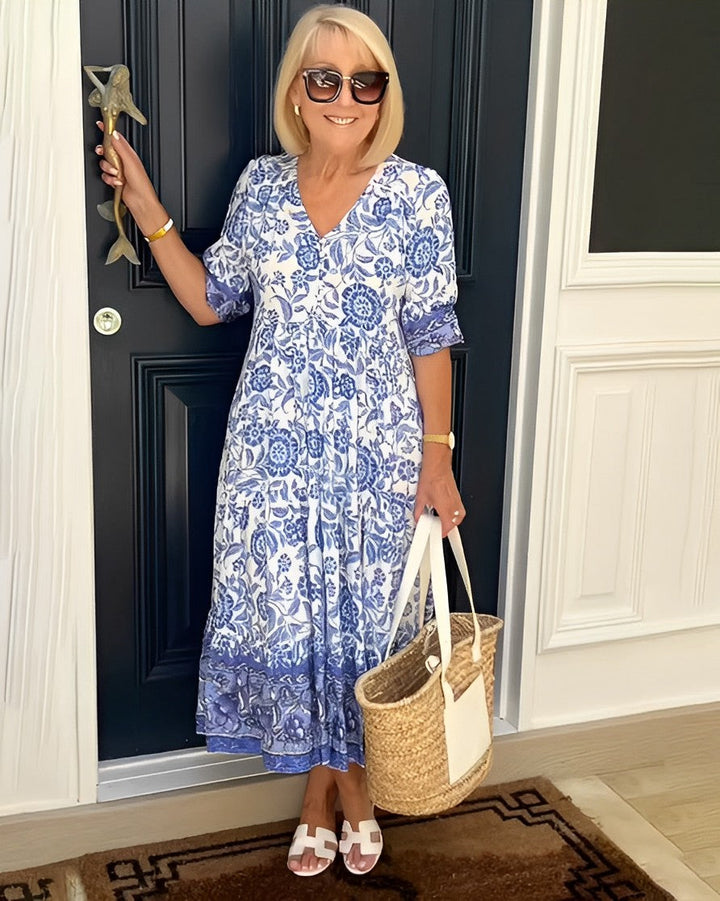 Sien | Bloemen Midi-jurk met V-hals