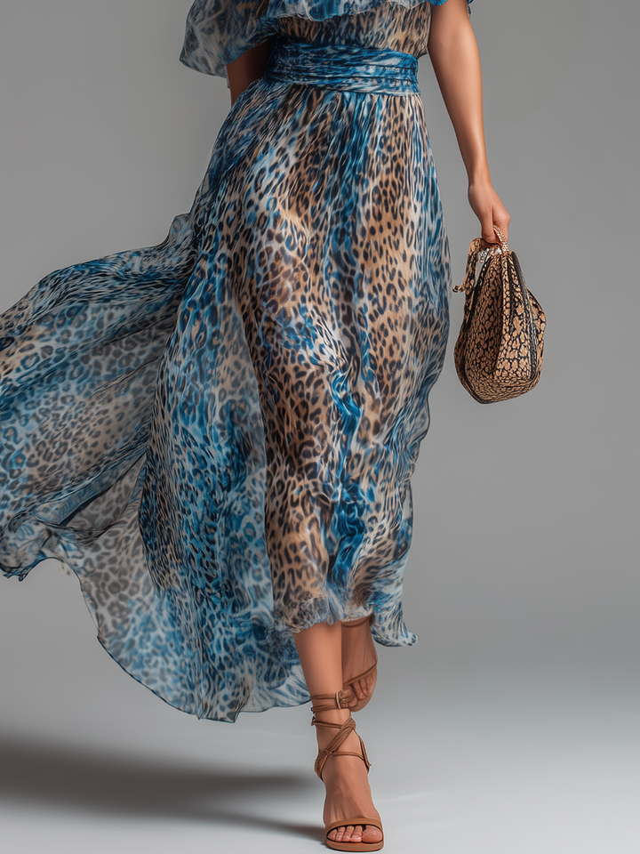 Charlotte | Off-Shoulder Chiffon Maxi-jurk met Panterprint