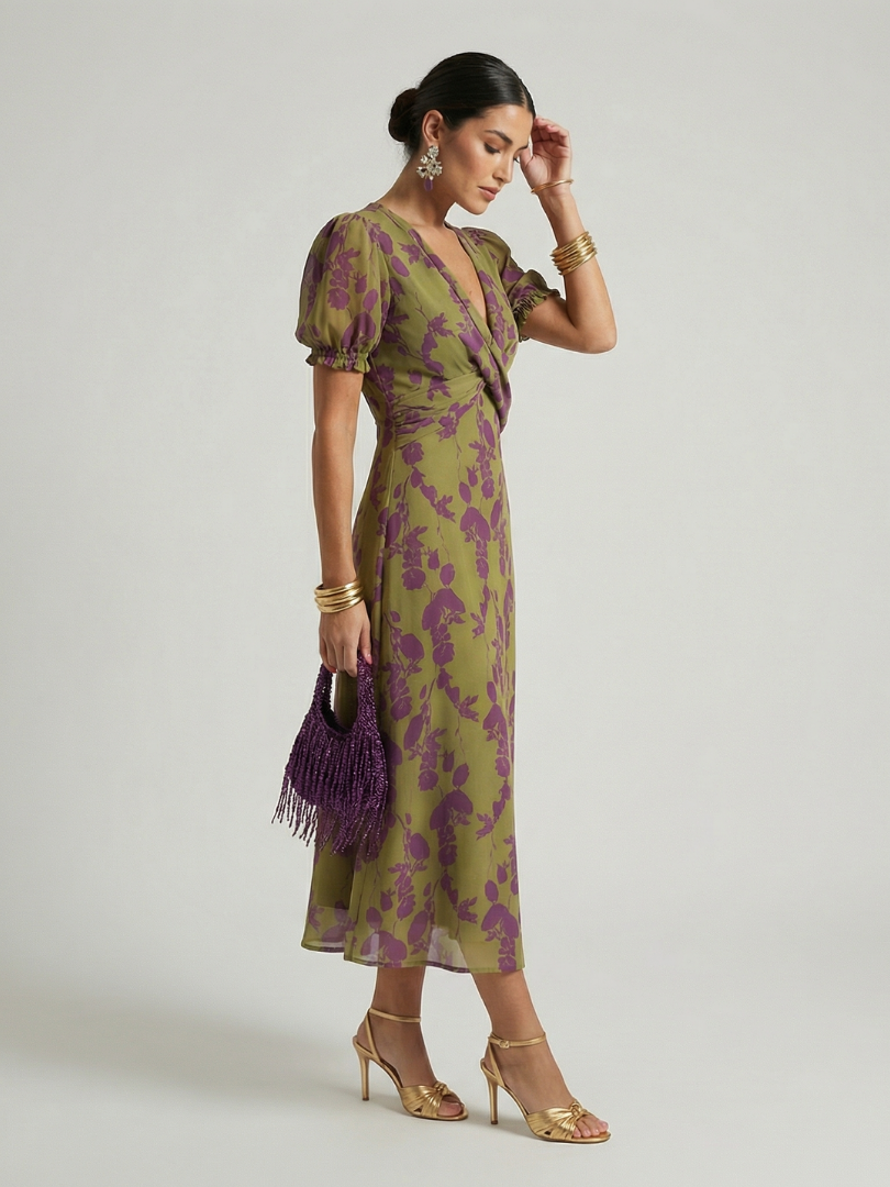 Johanna | Bloemen Midi-jurk met Wikkeleffect
