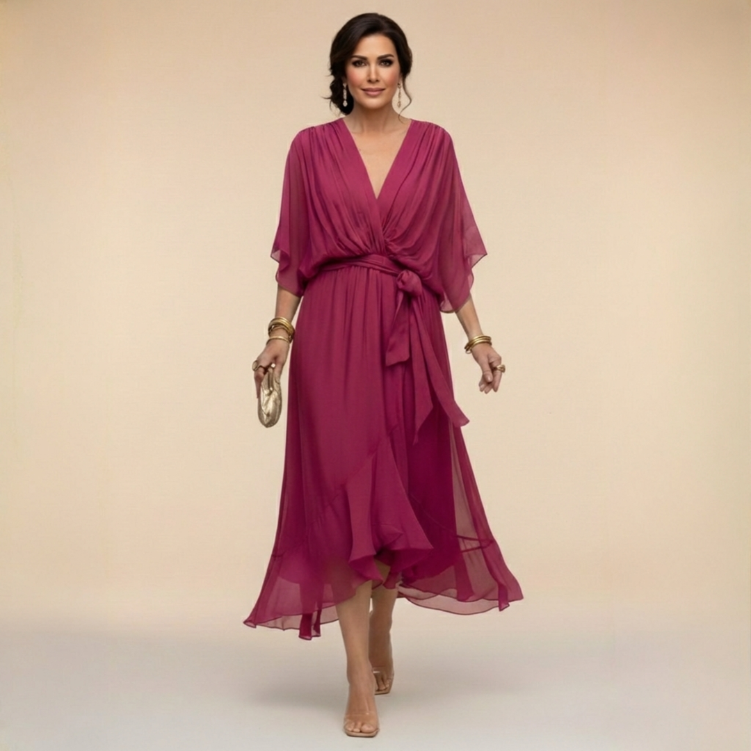 Cornelia | Gedrapeerde Chiffon Midi-jurk