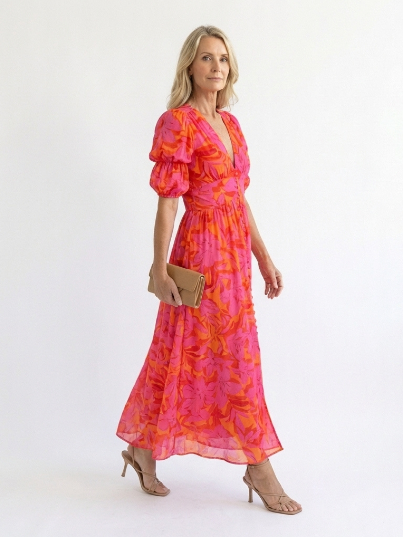 Fardau | Bloemen Midi-jurk met Pofmouwen