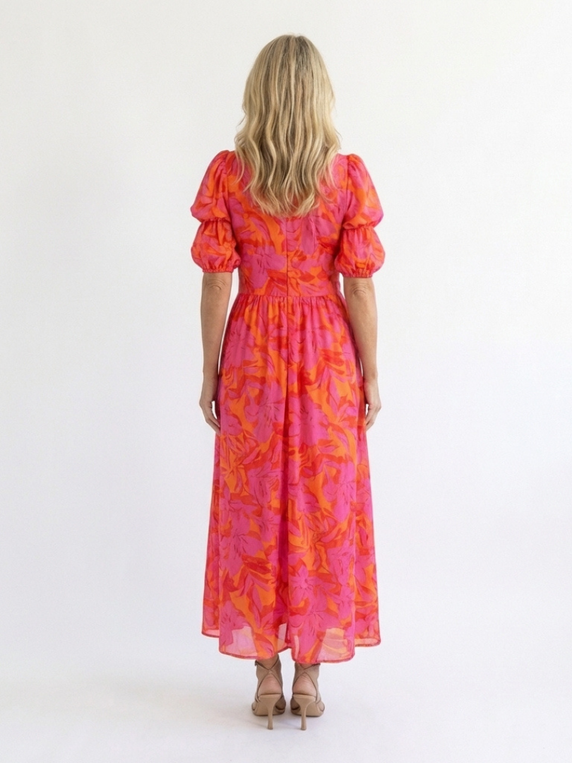 Fardau | Bloemen Midi-jurk met Pofmouwen
