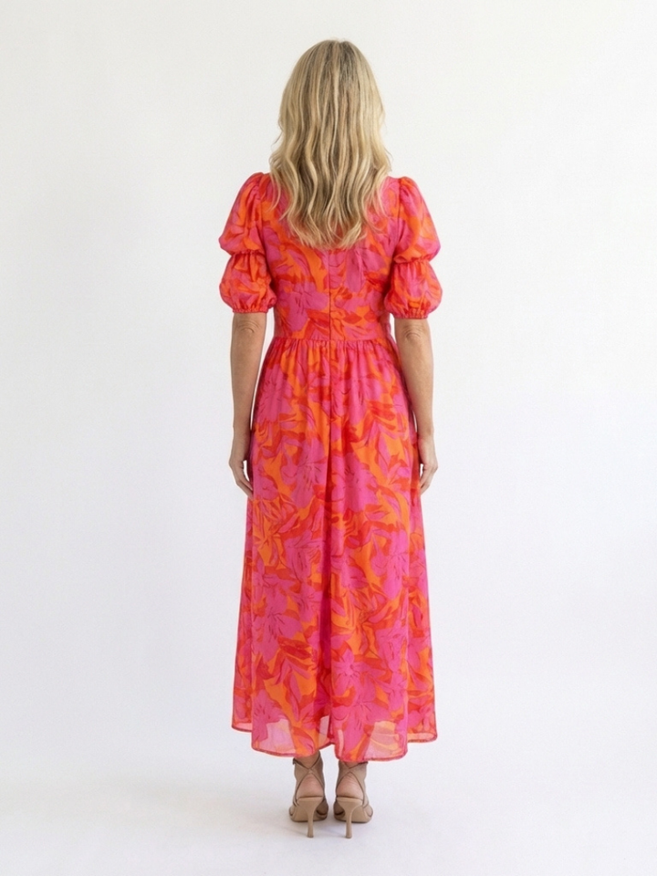 Fardau | Bloemen Midi-jurk met Pofmouwen