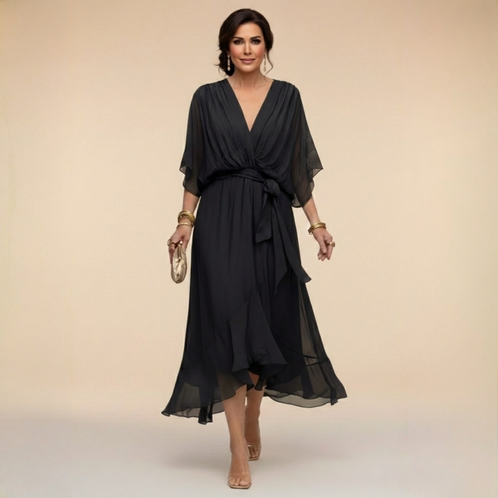 Cornelia | Gedrapeerde Chiffon Midi-jurk