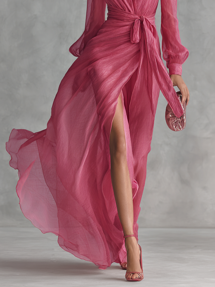 Annemarie | Chiffon Maxi-jurk met Strikceintuur