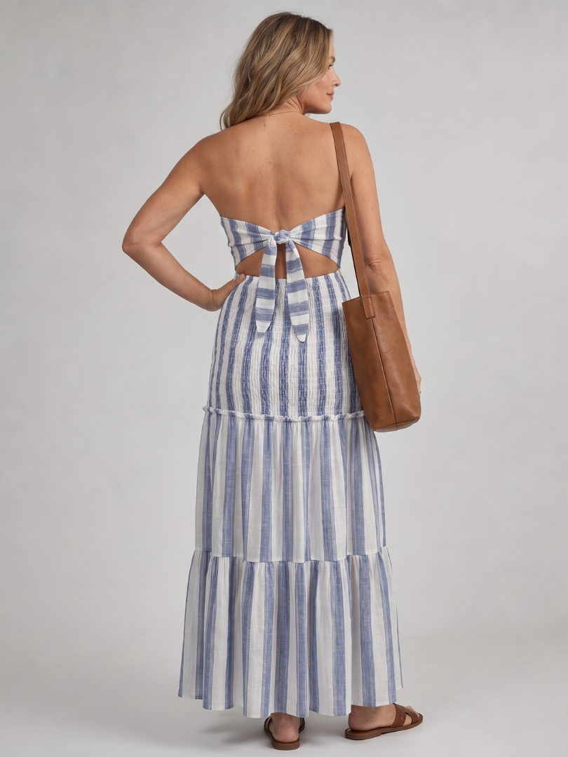 Ingrid | Gestreepte Strapless Midi-jurk