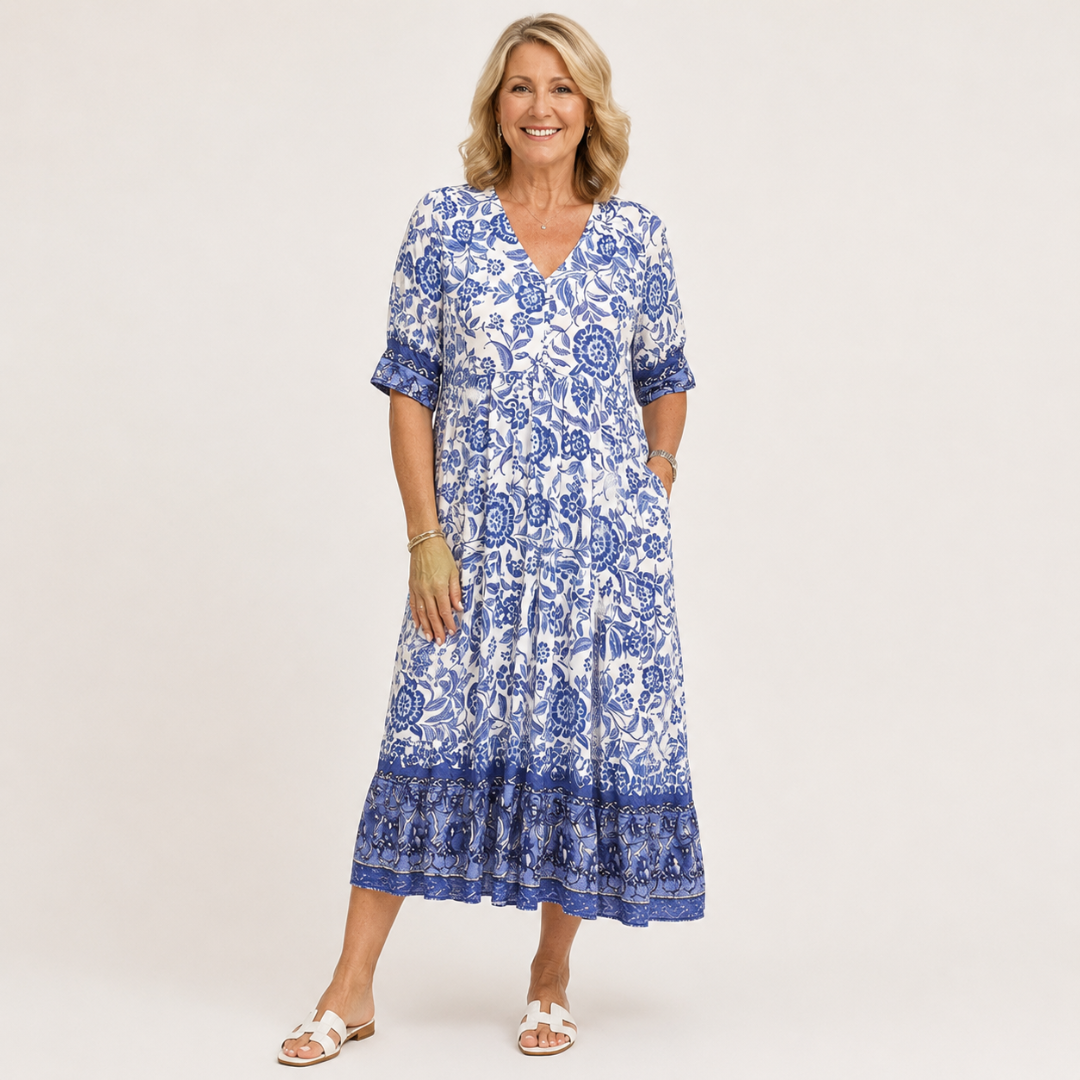 Sien | Bloemen Midi-jurk met V-hals