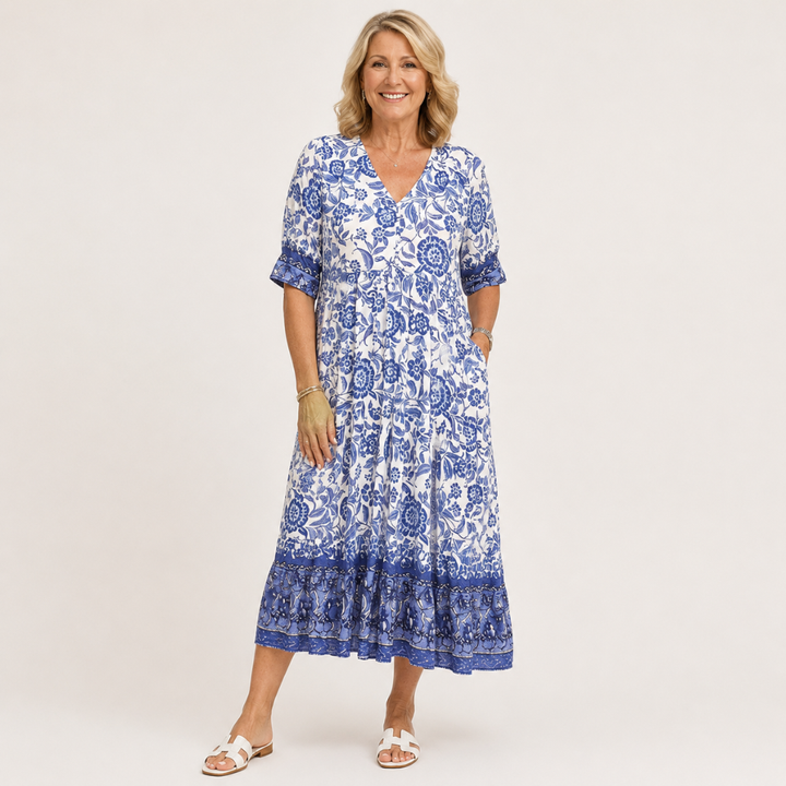 Sien | Bloemen Midi-jurk met V-hals