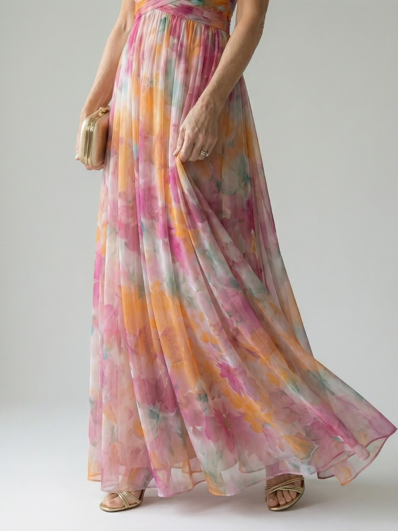 Julia | Geplooide Aquarel Maxi-jurk