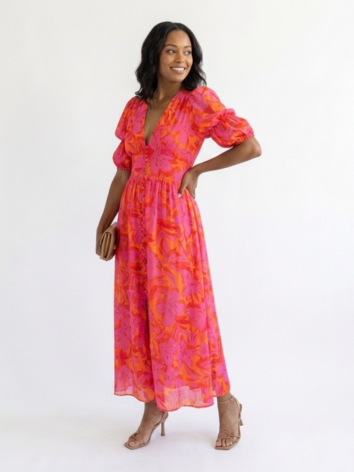 Fardau | Bloemen Midi-jurk met Pofmouwen