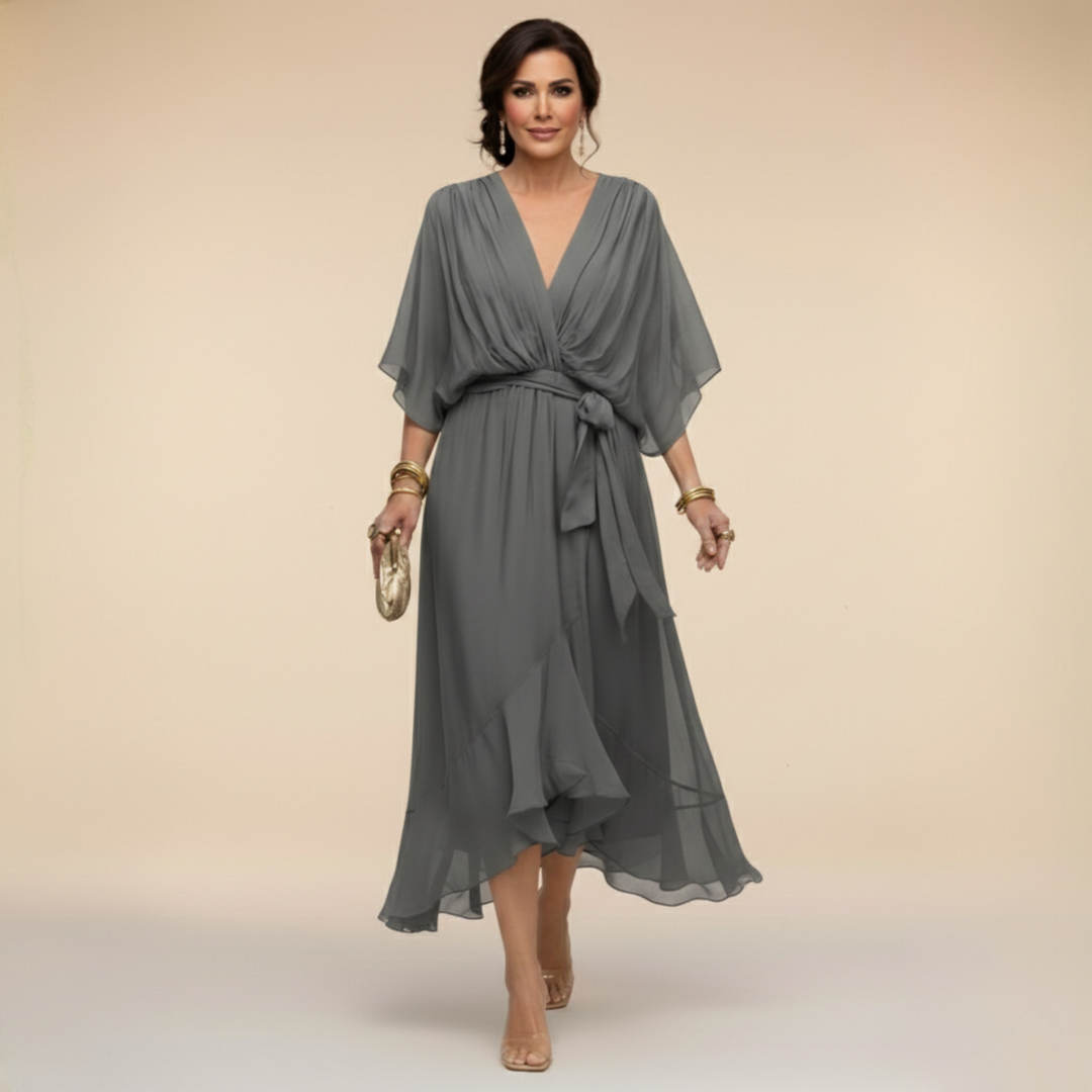 Cornelia | Gedrapeerde Chiffon Midi-jurk