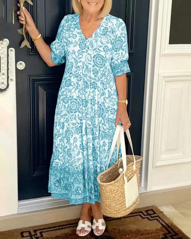 Sien | Bloemen Midi-jurk met V-hals