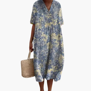 Brittany | Women's Floral Midi Dress with V-Neck and Short Sleeves