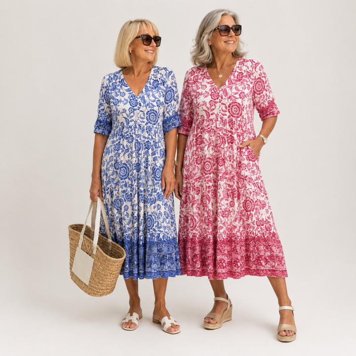 Sien | Bloemen Midi-jurk met V-hals