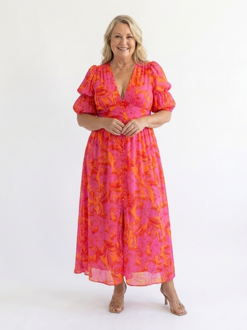 Fardau | Bloemen Midi-jurk met Pofmouwen