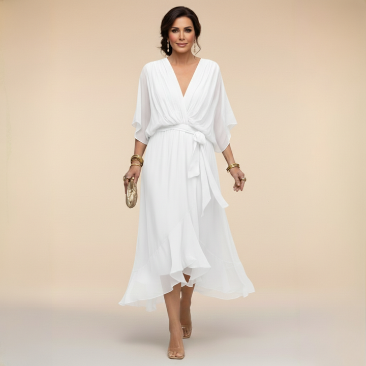 Cornelia | Gedrapeerde Chiffon Midi-jurk