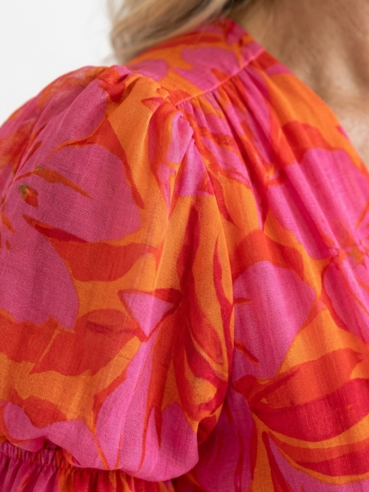 Fardau | Bloemen Midi-jurk met Pofmouwen