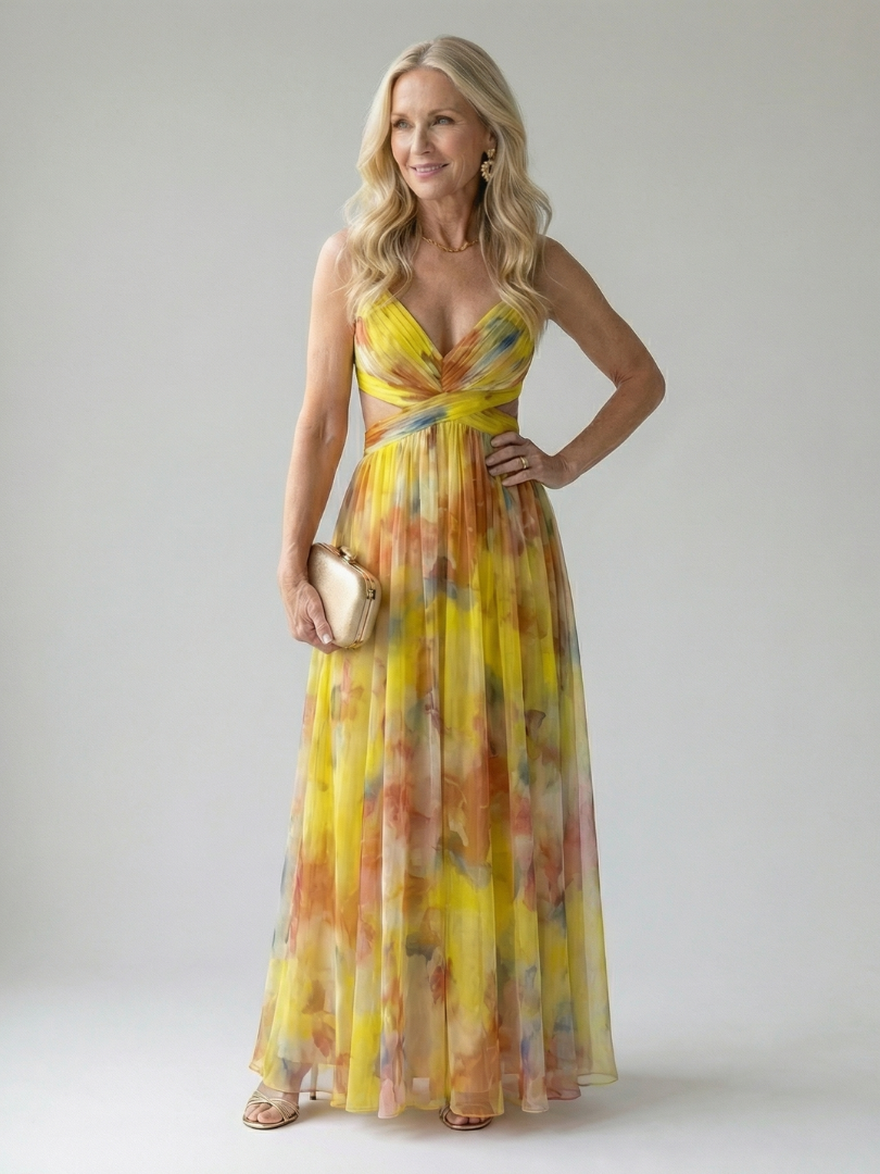 Julia | Geplooide Aquarel Maxi-jurk