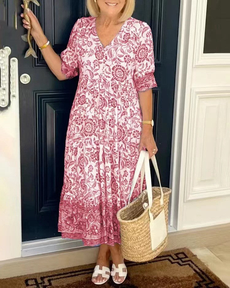 Sien | Bloemen Midi-jurk met V-hals