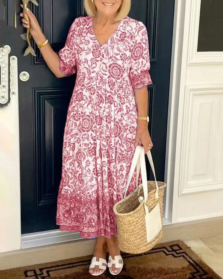 Sien | Bloemen Midi-jurk met V-hals