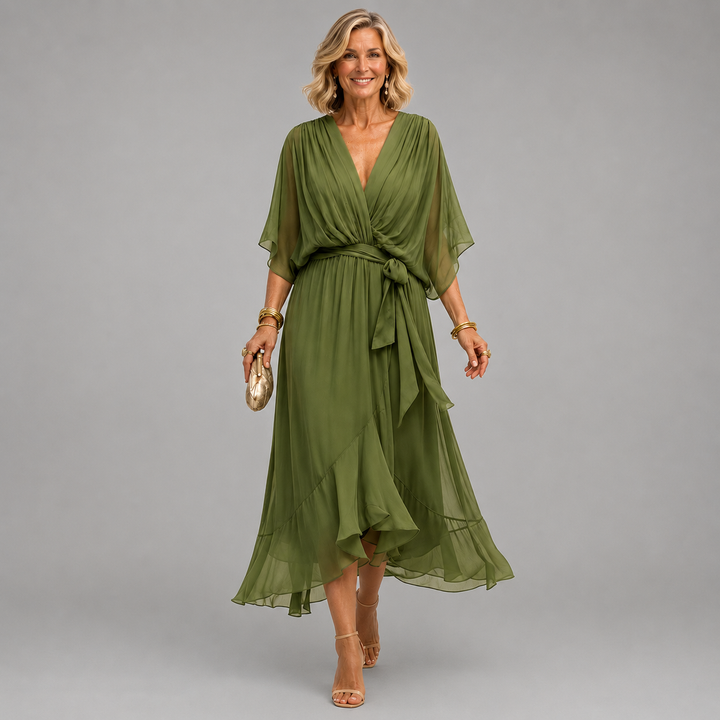Cornelia | Gedrapeerde Chiffon Midi-jurk