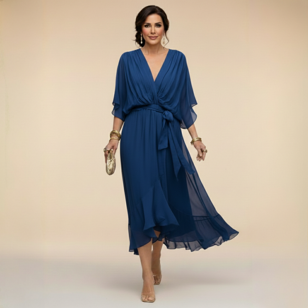 Cornelia | Gedrapeerde Chiffon Midi-jurk
