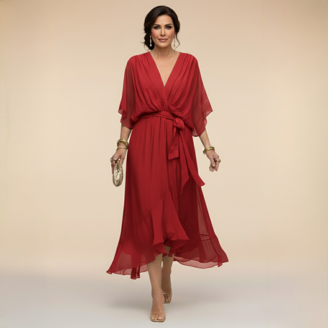 Cornelia | Gedrapeerde Chiffon Midi-jurk