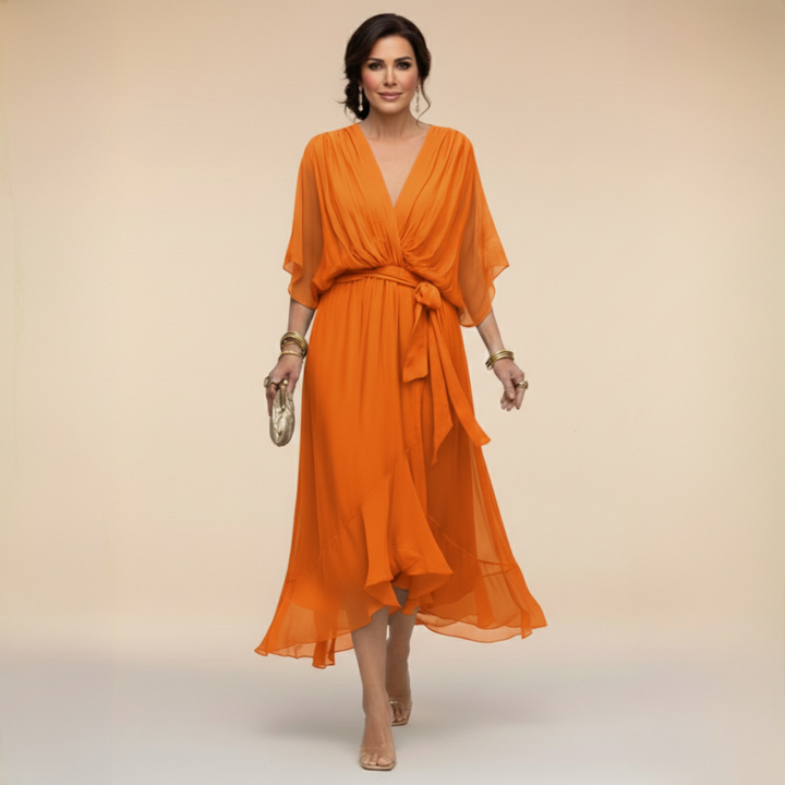 Cornelia | Gedrapeerde Chiffon Midi-jurk