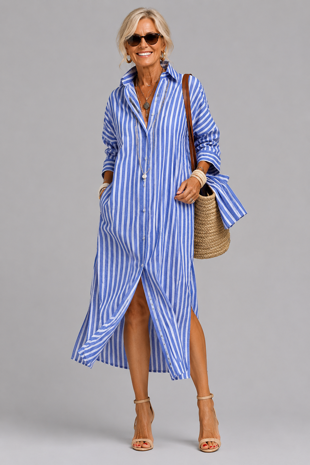 Alida | Gestreepte Doorknoop Midi-jurk