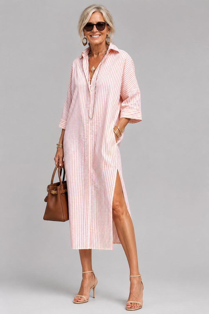Alida | Gestreepte Doorknoop Midi-jurk
