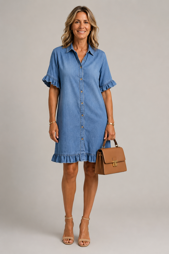 Jildou | Denim Doorknoop Midi-jurk