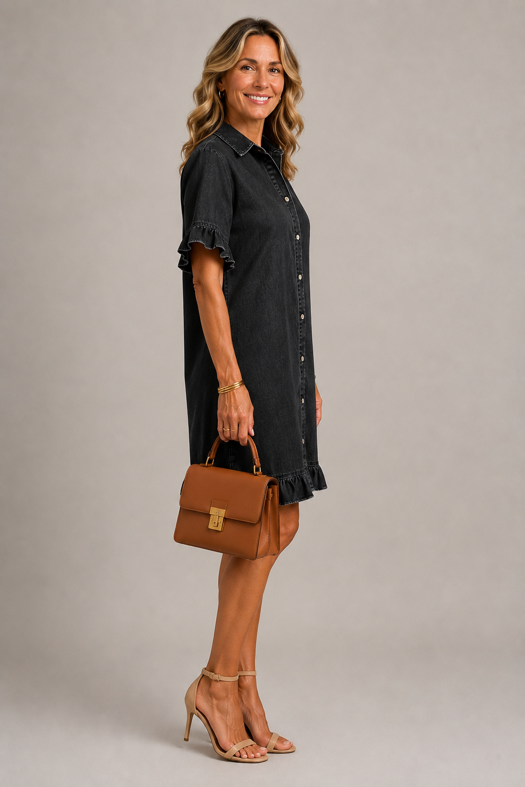 Jildou | Denim Doorknoop Midi-jurk