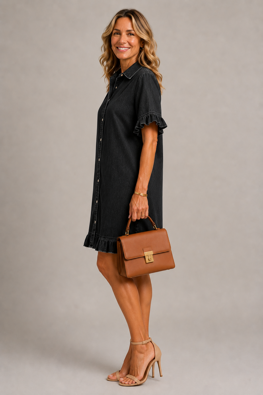 Jildou | Denim Doorknoop Midi-jurk