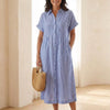 Heather | Striped Button Front Short Sleeve Midi Dress