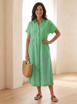 Heather | Striped Button Front Short Sleeve Midi Dress