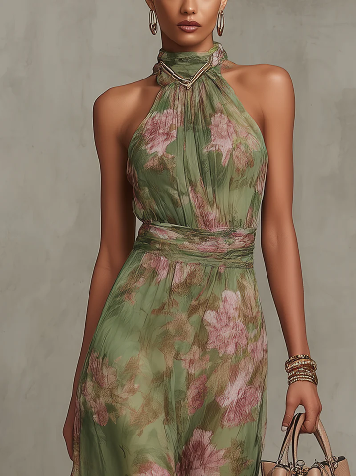 Grietje | Chiffon Halter Maxi-jurk met Bloemen