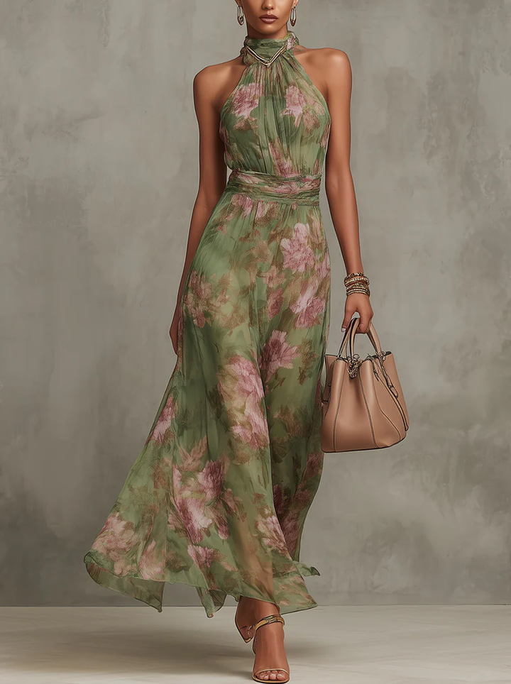 Grietje | Chiffon Halter Maxi-jurk met Bloemen