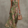 Florence | Green Floral Chiffon Halter Maxi Dress