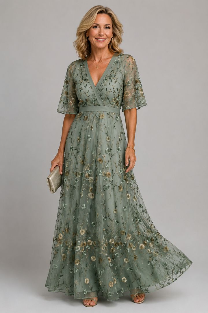 Rianne | Geborduurde Bloemen Midi-jurk