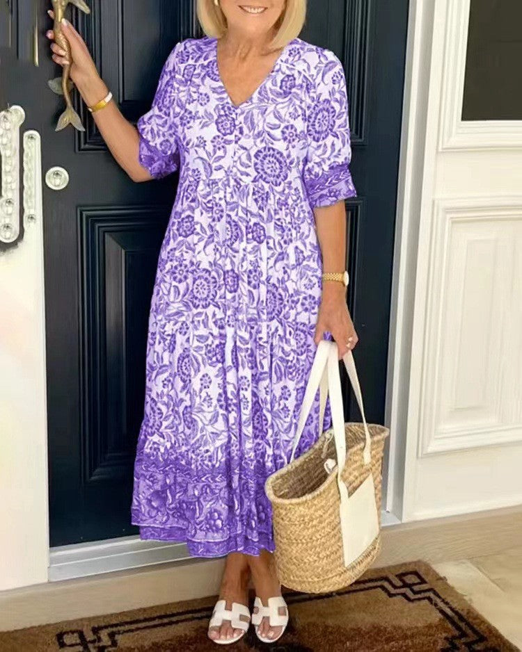 Sien | Bloemen Midi-jurk met V-hals