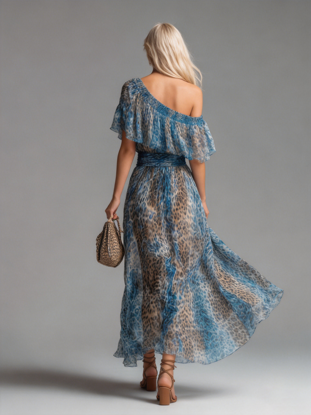 Charlotte | Off-Shoulder Chiffon Maxi-jurk met Panterprint